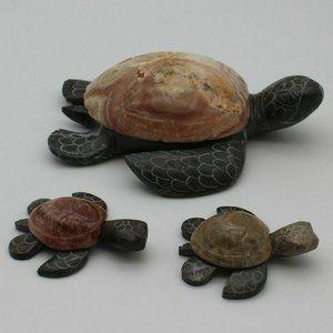 3 pc Save the Turtles Marble Figurines ~ Mom and 2 Babies Sea Turtle